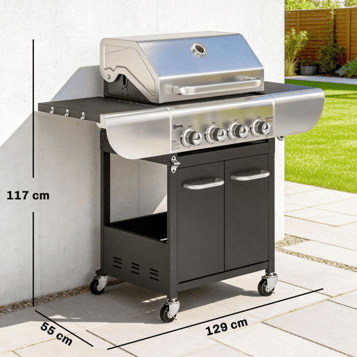 Outsunny Baerbecue a Gás com 4 Queimadores 44000 BTU Grelhas de Ferro Fundido Rodas Grelha de Aquecimento Mesas Laterais Armário Termómetro e Ganchos 129x55x117 cm Preto e Prata