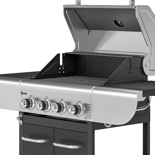 Outsunny Baerbecue a Gás com 4 Queimadores 44000 BTU Grelhas de Ferro Fundido Rodas Grelha de Aquecimento Mesas Laterais Armário Termómetro e Ganchos 129x55x117 cm Preto e Prata