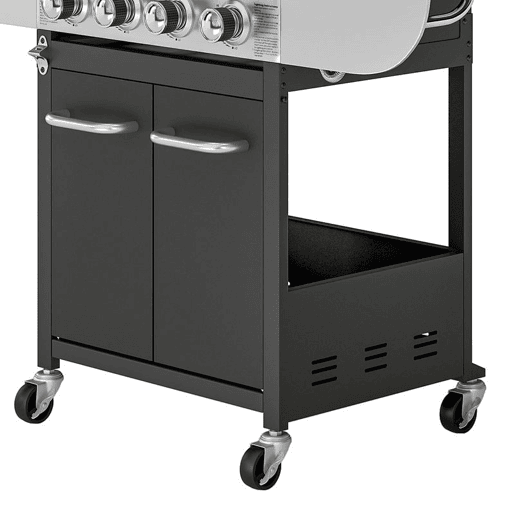 Outsunny Baerbecue a Gás com 4 Queimadores 44000 BTU Grelhas de Ferro Fundido Rodas Grelha de Aquecimento Mesas Laterais Armário Termómetro e Ganchos 129x55x117 cm Preto e Prata