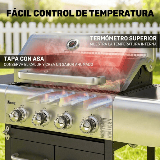 Outsunny Baerbecue a Gás com 4 Queimadores 44000 BTU Grelhas de Ferro Fundido Rodas Grelha de Aquecimento Mesas Laterais Armário Termómetro e Ganchos 129x55x117 cm Preto e Prata