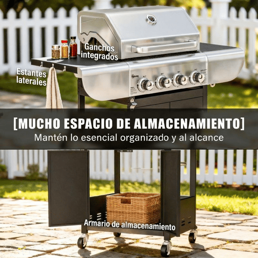 Outsunny Baerbecue a Gás com 4 Queimadores 44000 BTU Grelhas de Ferro Fundido Rodas Grelha de Aquecimento Mesas Laterais Armário Termómetro e Ganchos 129x55x117 cm Preto e Prata