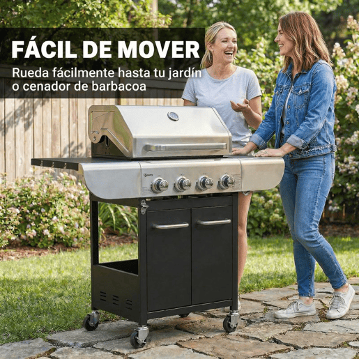 Outsunny Baerbecue a Gás com 4 Queimadores 44000 BTU Grelhas de Ferro Fundido Rodas Grelha de Aquecimento Mesas Laterais Armário Termómetro e Ganchos 129x55x117 cm Preto e Prata