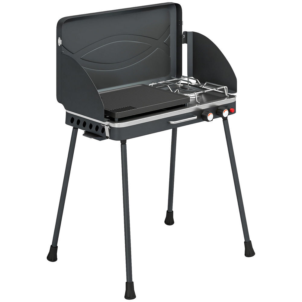 Outsunny barbacoa de gas portátil 2 en 1, barbacoa de gas propano 7 kw de mesa o de pie con plancha grande, patas desmontables, protectores de viento, para picnic, camping, negro