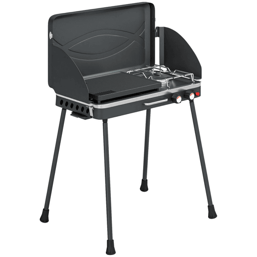 Outsunny Grelhador a Gás Portátil 2 em 1, Grelhador a Gás Propano 7 kW de Mesa ou de Pé com Chapa Grande, Pés Removíveis, Protetores de Vento, para Piqueniques, Camping, Preto