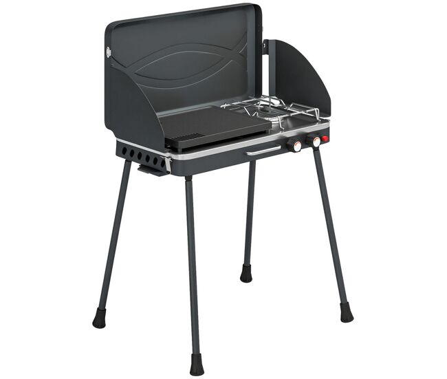 Outsunny barbacoa de gas portátil 2 en 1, barbacoa de gas propano 7 kw de mesa o de pie con plancha grande, patas desmontables, protectores de viento, para picnic, camping, negro