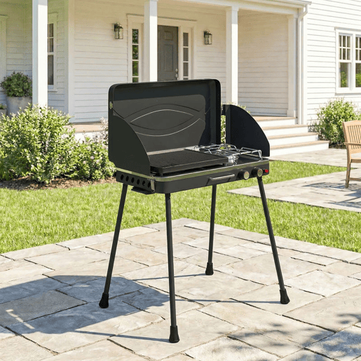 Outsunny Grelhador a Gás Portátil 2 em 1, Grelhador a Gás Propano 7 kW de Mesa ou de Pé com Chapa Grande, Pés Removíveis, Protetores de Vento, para Piqueniques, Camping, Preto