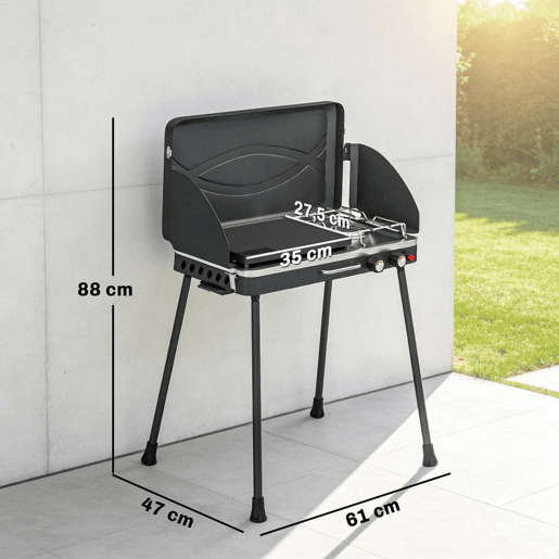 Outsunny Grelhador a Gás Portátil 2 em 1, Grelhador a Gás Propano 7 kW de Mesa ou de Pé com Chapa Grande, Pés Removíveis, Protetores de Vento, para Piqueniques, Camping, Preto