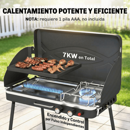 Outsunny Grelhador a Gás Portátil 2 em 1, Grelhador a Gás Propano 7 kW de Mesa ou de Pé com Chapa Grande, Pés Removíveis, Protetores de Vento, para Piqueniques, Camping, Preto
