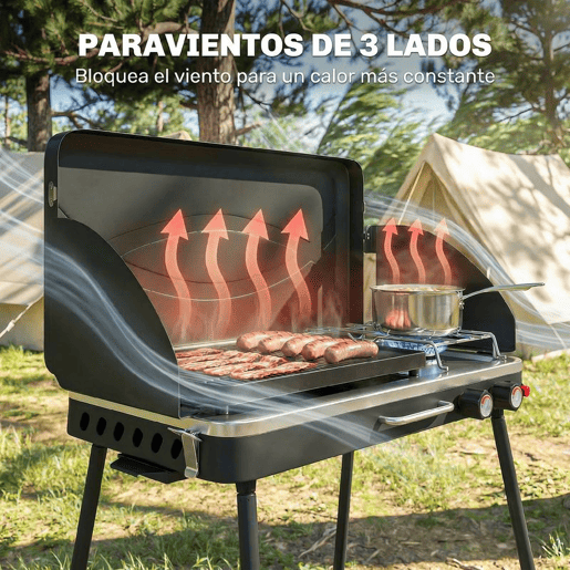 Outsunny Grelhador a Gás Portátil 2 em 1, Grelhador a Gás Propano 7 kW de Mesa ou de Pé com Chapa Grande, Pés Removíveis, Protetores de Vento, para Piqueniques, Camping, Preto
