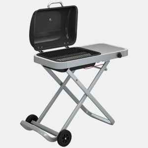 Outsunny Grelhador a Gás Dobrável, BBQ Gás com Queimador 2,5 kW, Grelhador Portátil com Termómetro, Mesa Lateral, Grelha de Ferro Fundido, Coletor de Gordura e 2 Rodas para Jardim, Campismo, Preto