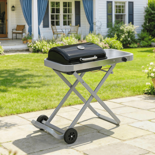 Outsunny Grelhador a Gás Dobrável, BBQ Gás com Queimador 2,5 kW, Grelhador Portátil com Termómetro, Mesa Lateral, Grelha de Ferro Fundido, Coletor de Gordura e 2 Rodas para Jardim, Campismo, Preto