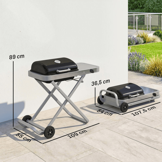 Outsunny Grelhador a Gás Dobrável, BBQ Gás com Queimador 2,5 kW, Grelhador Portátil com Termómetro, Mesa Lateral, Grelha de Ferro Fundido, Coletor de Gordura e 2 Rodas para Jardim, Campismo, Preto