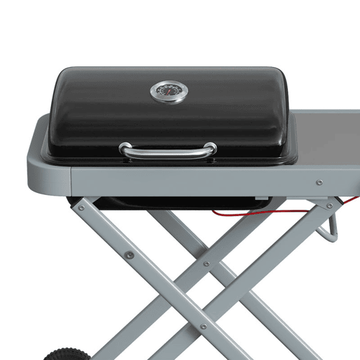 Outsunny Grelhador a Gás Dobrável, BBQ Gás com Queimador 2,5 kW, Grelhador Portátil com Termómetro, Mesa Lateral, Grelha de Ferro Fundido, Coletor de Gordura e 2 Rodas para Jardim, Campismo, Preto