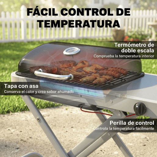 Outsunny Grelhador a Gás Dobrável, BBQ Gás com Queimador 2,5 kW, Grelhador Portátil com Termómetro, Mesa Lateral, Grelha de Ferro Fundido, Coletor de Gordura e 2 Rodas para Jardim, Campismo, Preto