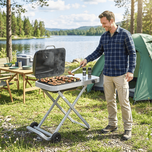 Outsunny Grelhador a Gás Dobrável, BBQ Gás com Queimador 2,5 kW, Grelhador Portátil com Termómetro, Mesa Lateral, Grelha de Ferro Fundido, Coletor de Gordura e 2 Rodas para Jardim, Campismo, Preto
