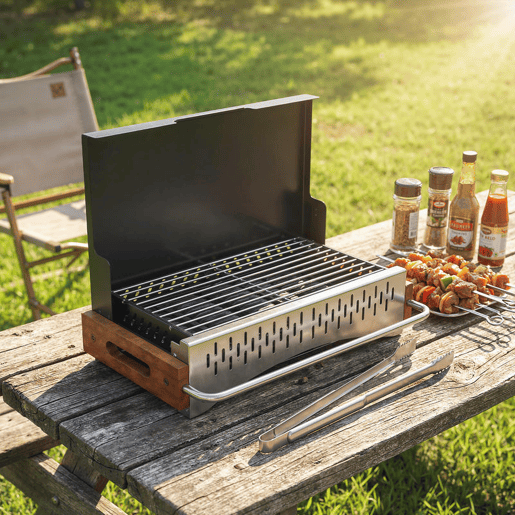 Outsunny Barbecue a Carvão Dobrável, Barbecue Portátil, 50,5x34x33 cm, com Bandeja de Carvão Removível, para Camping, Piqueniques, Festas no Jardim, Preto