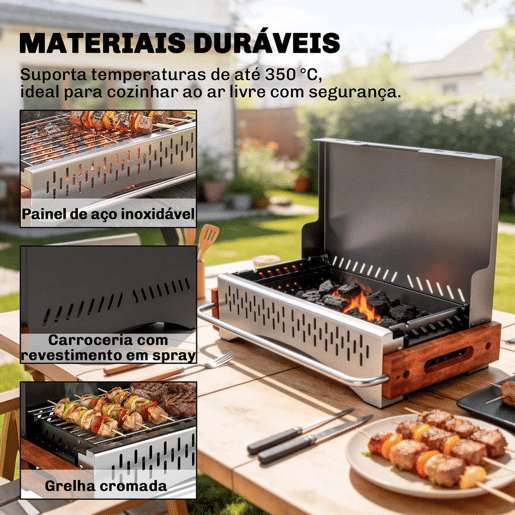 Outsunny Barbecue a Carvão Dobrável, Barbecue Portátil, 50,5x34x33 cm, com Bandeja de Carvão Removível, para Camping, Piqueniques, Festas no Jardim, Preto
