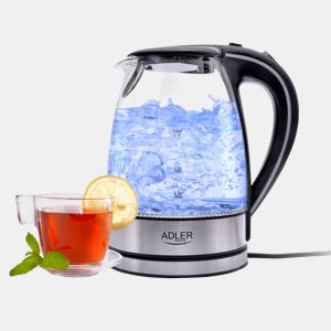 Adler AD1225 Jarro Eléctrica em Vidro 1,7 L, Chaleira Eléctrica, sem BPA, Interior Iluminado, sem Fios, Resistência Escondida, 2200, Transparente