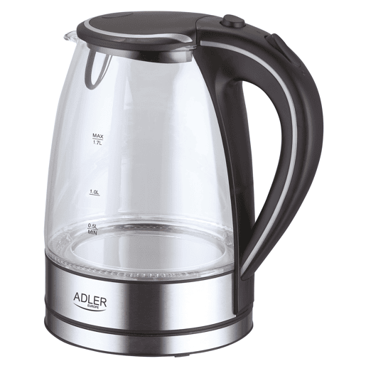 Adler AD1225 Jarro Eléctrica em Vidro 1,7 L, Chaleira Eléctrica, sem BPA, Interior Iluminado, sem Fios, Resistência Escondida, 2200, Transparente