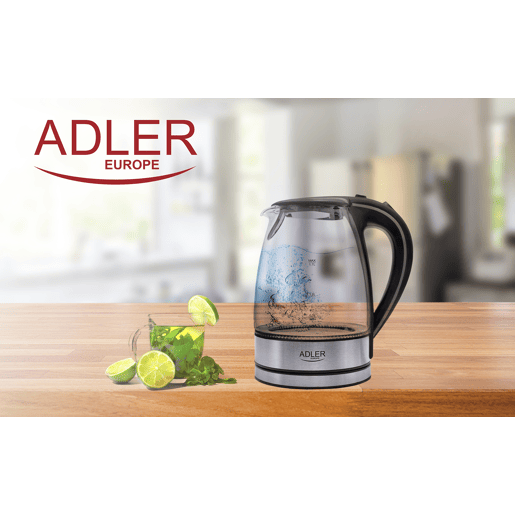 Adler AD1225 Jarro Eléctrica em Vidro 1,7 L, Chaleira Eléctrica, sem BPA, Interior Iluminado, sem Fios, Resistência Escondida, 2200, Transparente