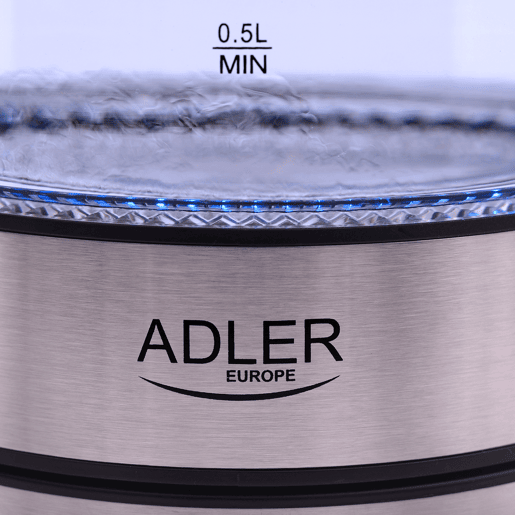 Adler AD1225 Jarro Eléctrica em Vidro 1,7 L, Chaleira Eléctrica, sem BPA, Interior Iluminado, sem Fios, Resistência Escondida, 2200, Transparente
