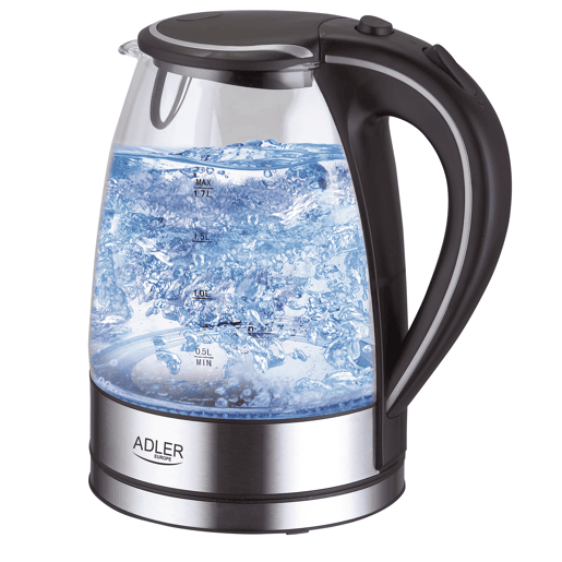 Adler AD1225 Jarro Eléctrica em Vidro 1,7 L, Chaleira Eléctrica, sem BPA, Interior Iluminado, sem Fios, Resistência Escondida, 2200, Transparente