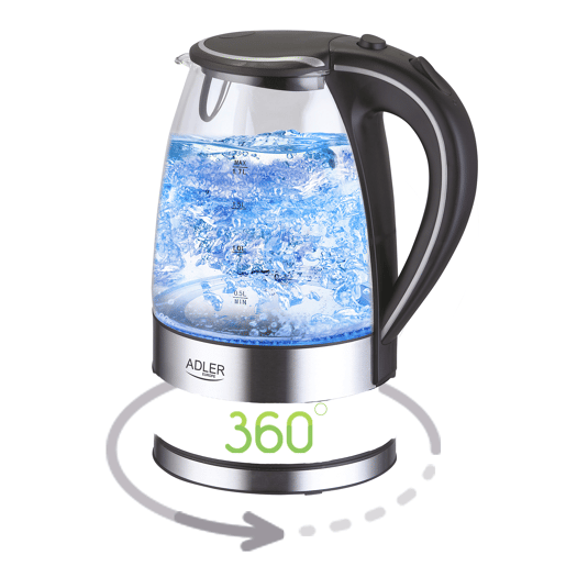 Adler AD1225 Jarro Eléctrica em Vidro 1,7 L, Chaleira Eléctrica, sem BPA, Interior Iluminado, sem Fios, Resistência Escondida, 2200, Transparente