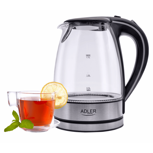 Adler AD1225 Jarro Eléctrica em Vidro 1,7 L, Chaleira Eléctrica, sem BPA, Interior Iluminado, sem Fios, Resistência Escondida, 2200, Transparente