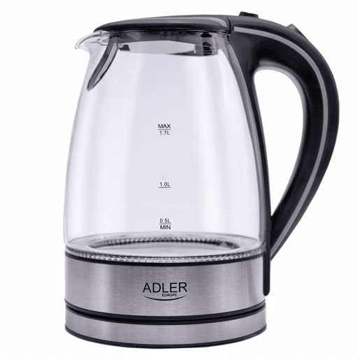 Adler AD1225 Jarro Eléctrica em Vidro 1,7 L, Chaleira Eléctrica, sem BPA, Interior Iluminado, sem Fios, Resistência Escondida, 2200, Transparente