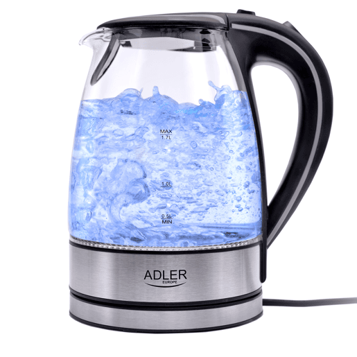 Adler AD1225 Jarro Eléctrica em Vidro 1,7 L, Chaleira Eléctrica, sem BPA, Interior Iluminado, sem Fios, Resistência Escondida, 2200, Transparente