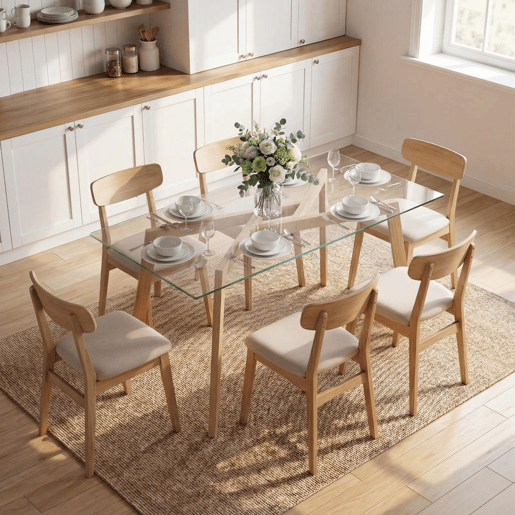 HOMCOM Mesa de Jantar Retangular Mesa de Cozinha Moderna para 6 Pessoas com Pernas de Aço e Superfície de Vidro Temperado 150x75x76 cm Transparente e Madeira