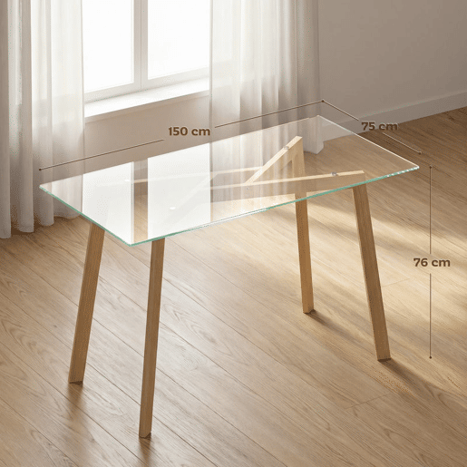 HOMCOM Mesa de Jantar Retangular Mesa de Cozinha Moderna para 6 Pessoas com Pernas de Aço e Superfície de Vidro Temperado 150x75x76 cm Transparente e Madeira