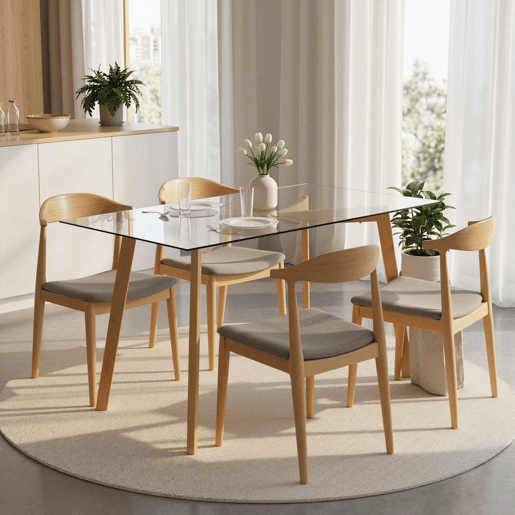 HOMCOM Mesa de Jantar Retangular Mesa de Cozinha Moderna para 6 Pessoas com Pernas de Aço e Superfície de Vidro Temperado 150x75x76 cm Transparente e Madeira
