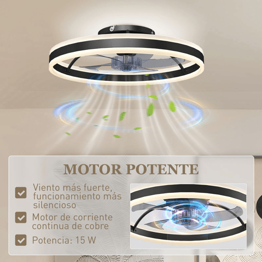 HOMCOM Ventoinha de Teto com Luz LED 45 W Motor DC Reversível Ventoinha Silenciosa com Comando Remoto 6 Velocidades 3 Cores Temporizador Ø50x13,5 cm Preto