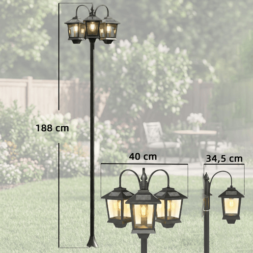 Outsunny Candeeiro Solar Exterior de Jardim com 3 Cabeças Luz Solar Exterior em Alumínio com LigaçãoDesligação Automática Impermeável IP44 para Terraço e Pátio 40x34,5x188 cm Preto