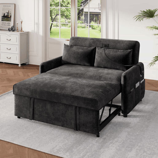 Sofá regulável multi-ângulo convertível em tecido chenille - 2 lugares - com suporte para telemóvel e portas USB - Cinzento