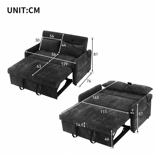 Sofá regulável multi-ângulo convertível em tecido chenille - 2 lugares - com suporte para telemóvel e portas USB - Cinzento