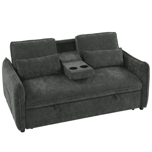 HOMCOM Sofá-Cama 2 Lugares 3 em 1 Sofá-Cama de Chenille com Mesa Auxiliar Porta-Copos Encosto Ajustável Bolsos Laterais 2 Almofadas para Sala de Estar Espaços Pequenos Cinzento Escuro