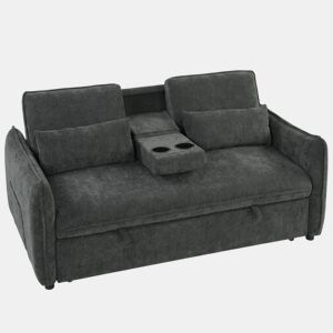 HOMCOM Sofá-Cama 2 Lugares 3 em 1 Sofá-Cama de Chenille com Mesa Auxiliar Porta-Copos Encosto Ajustável Bolsos Laterais 2 Almofadas para Sala de Estar Espaços Pequenos Cinzento Escuro