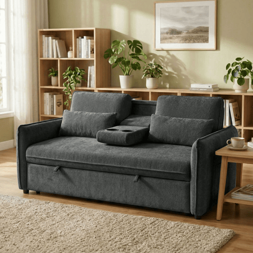 HOMCOM Sofá-Cama 2 Lugares 3 em 1 Sofá-Cama de Chenille com Mesa Auxiliar Porta-Copos Encosto Ajustável Bolsos Laterais 2 Almofadas para Sala de Estar Espaços Pequenos Cinzento Escuro