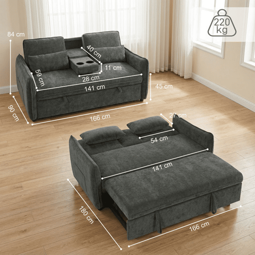 HOMCOM Sofá-Cama 2 Lugares 3 em 1 Sofá-Cama de Chenille com Mesa Auxiliar Porta-Copos Encosto Ajustável Bolsos Laterais 2 Almofadas para Sala de Estar Espaços Pequenos Cinzento Escuro