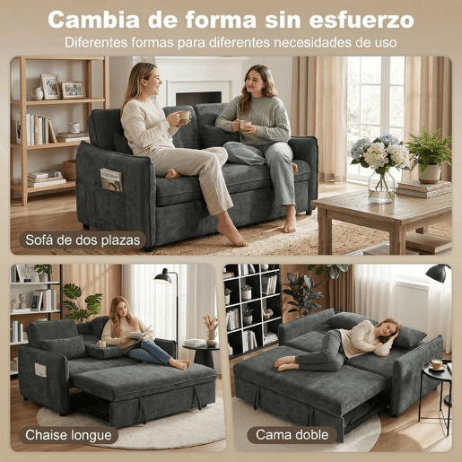 HOMCOM Sofá-Cama 2 Lugares 3 em 1 Sofá-Cama de Chenille com Mesa Auxiliar Porta-Copos Encosto Ajustável Bolsos Laterais 2 Almofadas para Sala de Estar Espaços Pequenos Cinzento Escuro