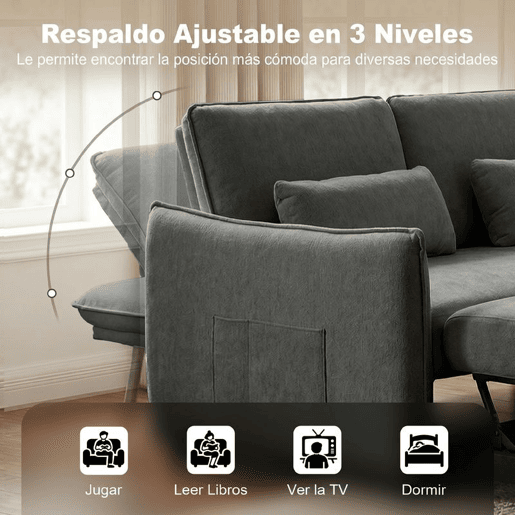 HOMCOM Sofá-Cama 2 Lugares 3 em 1 Sofá-Cama de Chenille com Mesa Auxiliar Porta-Copos Encosto Ajustável Bolsos Laterais 2 Almofadas para Sala de Estar Espaços Pequenos Cinzento Escuro