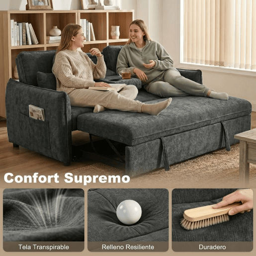HOMCOM Sofá-Cama 2 Lugares 3 em 1 Sofá-Cama de Chenille com Mesa Auxiliar Porta-Copos Encosto Ajustável Bolsos Laterais 2 Almofadas para Sala de Estar Espaços Pequenos Cinzento Escuro