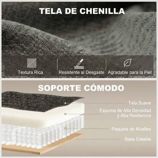 HOMCOM Sofá-Cama 2 Lugares 3 em 1 Sofá-Cama de Chenille com Mesa Auxiliar Porta-Copos Encosto Ajustável Bolsos Laterais 2 Almofadas para Sala de Estar Espaços Pequenos Cinzento Escuro