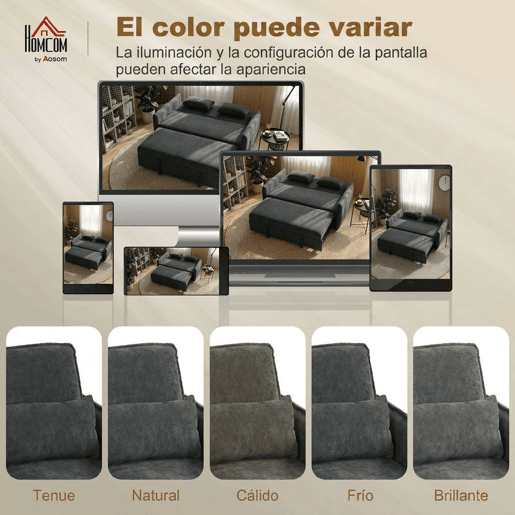 HOMCOM Sofá-Cama 2 Lugares 3 em 1 Sofá-Cama de Chenille com Mesa Auxiliar Porta-Copos Encosto Ajustável Bolsos Laterais 2 Almofadas para Sala de Estar Espaços Pequenos Cinzento Escuro