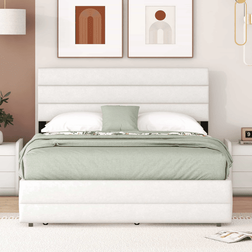 Cama de adulto 140x200 cm em tecido de linho - com cama de rodízio 90x190 cm e 2 gavetas - cabeceira regulável - Branco