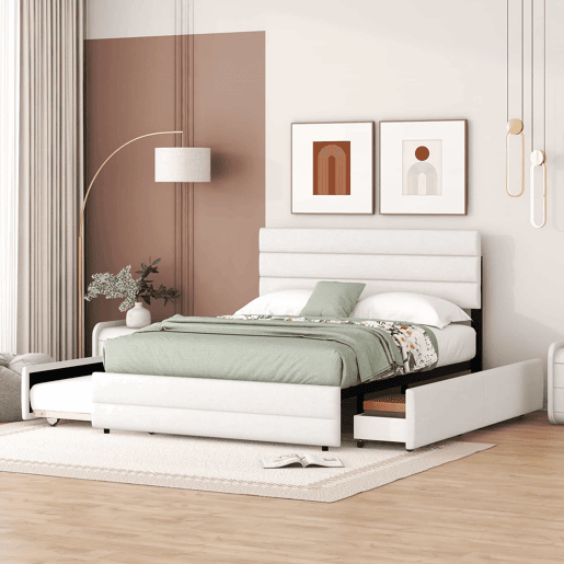 Cama de adulto 140x200 cm em tecido de linho - com cama de rodízio 90x190 cm e 2 gavetas - cabeceira regulável - Branco