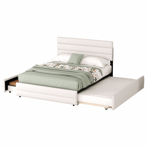 Cama de adulto 140x200 cm em tecido de linho - com cama de rodízio 90x190 cm e 2 gavetas - cabeceira regulável - Branco