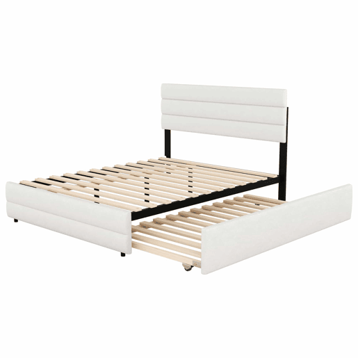Cama de adulto 140x200 cm em tecido de linho - com cama de rodízio 90x190 cm e 2 gavetas - cabeceira regulável - Branco